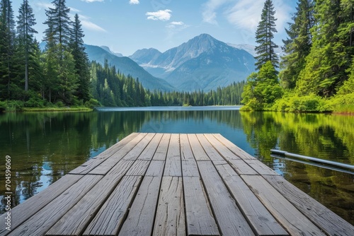 Tranquil lake with a wooden dock and mountain backdrop
