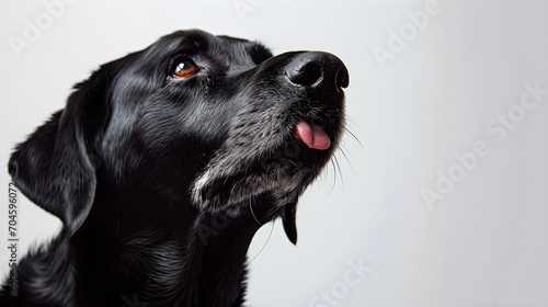 Black Lab Looking Up At Treat Licking His Lips Isolated On White Background