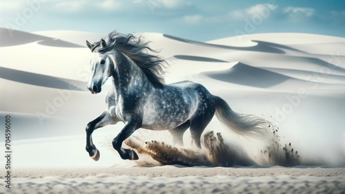 Wild and Free: Powerful Grey Horse Racing and Galloping Across Desert Landscape