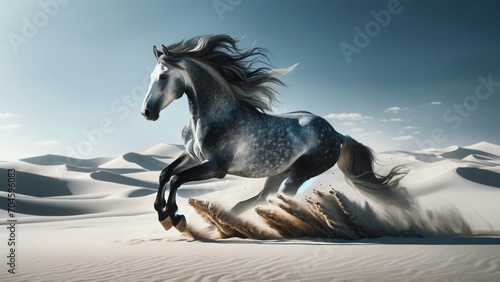 Desert Runner: Swift Dapple Grey Stallion Captured in Sandy Terrain