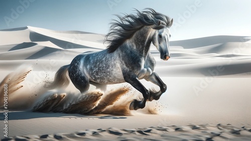 Equine Grace: Dapple Grey Horse in Full Gallop Amidst Serene Dunes : Grey Stallion