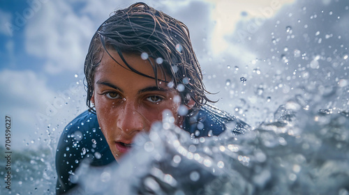 young surfer wiping out, intense expression, splashing water frozen in time
