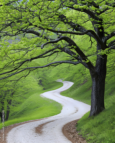 Tree Next to Road or Path On Overcast Spring Morning photo