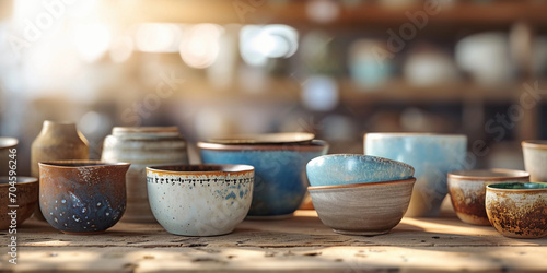 handmade ceramic bowls and vases, earthy tones, arranged on a rustic wooden table photo