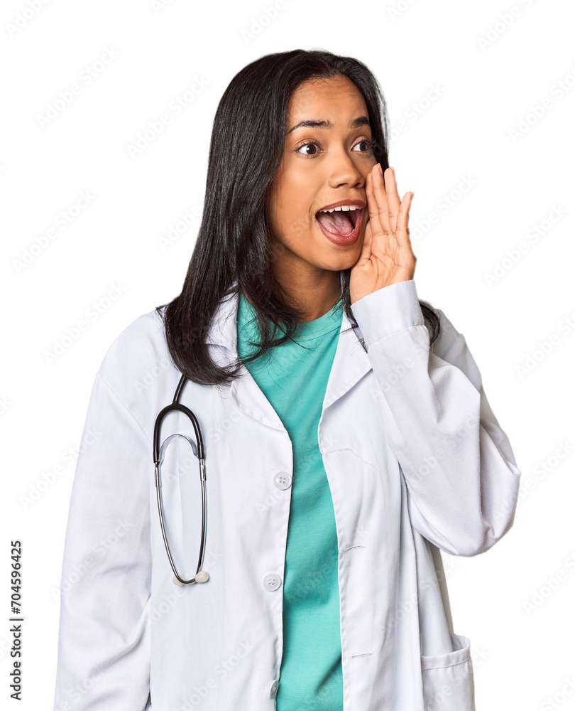 Young Filipina doctor with stethoscope in studio shouting and holding palm near opened mouth. Young Filipina doctor with stethoscope in studio shouting and holding palm near opened mouth.