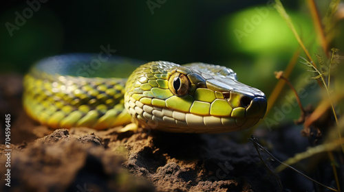 a beautiful colored snake crawls against the background of the forest, grass, nature, serpentine, reptiles, scales, eyes, head, plants, soil, python, skin, symbol of 2025 © Julia Zarubina