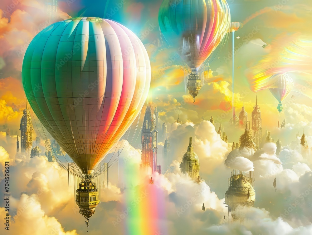 Fototapeta premium Cyberpunk Ascension: Epic Rainbow Balloon Odyssey