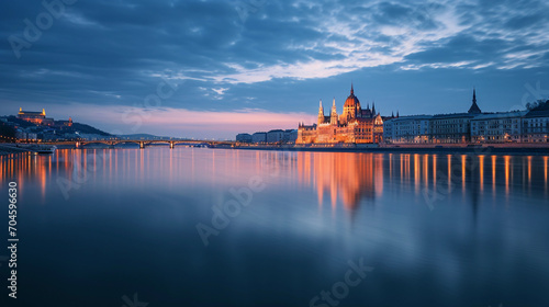 Danube River, Budapest, with Parliament Building in the background, twilight, city lights reflecting on water