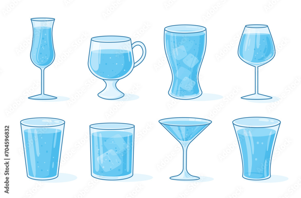 Water glasses. Cartoon transparent water glasses and cups, glass with ice mineral water flat vector illustration set. Water tableware collection Water glasses. Cartoon transparent water glasses and cups, glass with ice mineral water flat vector illustration set. Water tableware collection