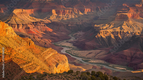 Colorado River snaking through the Grand Canyon, golden hour light casting long shadows