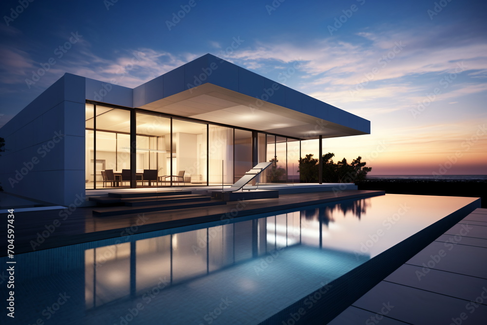 Modern house with swimming pool and sunset in the background