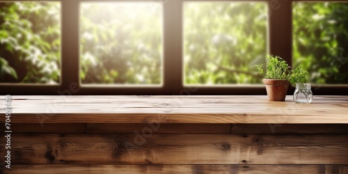 Wooden table against kitchen sink window backdrop © Vusal