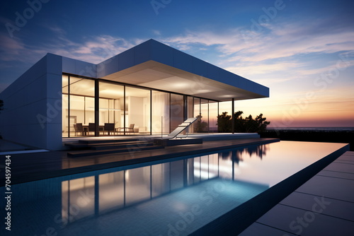 Modern house with swimming pool and sunset in the background