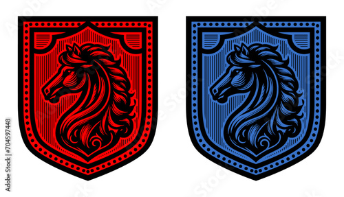 horse logo - stallion on shield (red, blue)