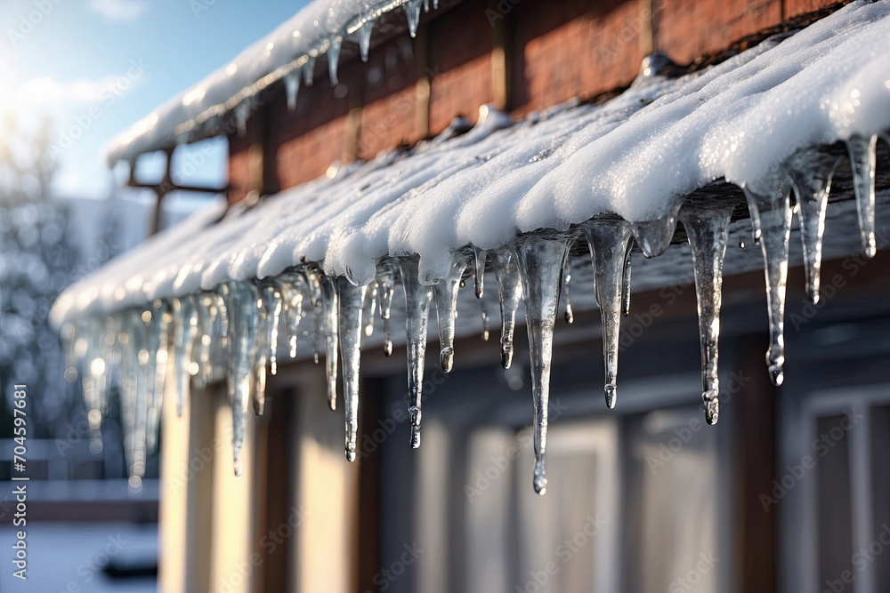 Close-up of icicles on the edge of a roof on a sunny day. The beginning of the warm season, the end of winter. Close-up of icicles on the edge of a roof on a sunny day. The beginning of the warm season, the end of winter.