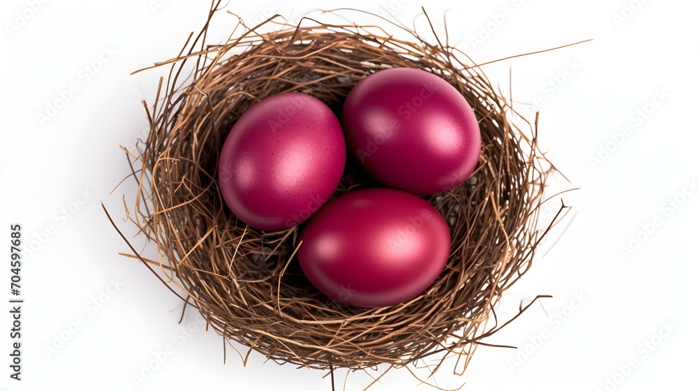 Top View of burgundy Eggs in a Nest on a white Background. Easter Template with Copy Space Top View of burgundy Eggs in a Nest on a white Background. Easter Template with Copy Space