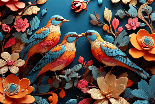 Colorful paper quilling art. Intricate birds and flowers design. Captivating and vibrant craft for creative projects and visuals. © Amila Vector