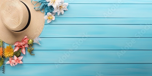 Fashion and beauty mock-up on a picturesque top view of summer accessories on a blue wooden floor.