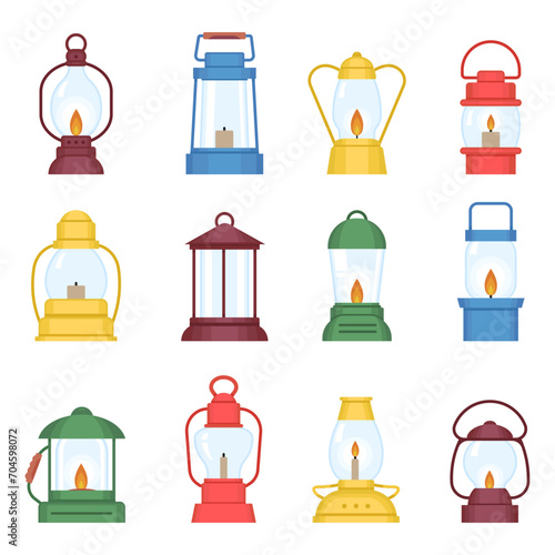Kerosine lamps, flat lanterns with candles and gas lamp with fire. Isolated vintage camp equipment, travelling lights decent vector clipart