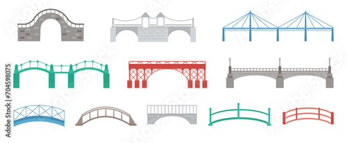 Fototapeta Naklejka Na Ścianę i Meble -  Different flat bridges. Isolated bridge icons, different metal bridgeworks. Urban landmark, transportation road element, decent vector set