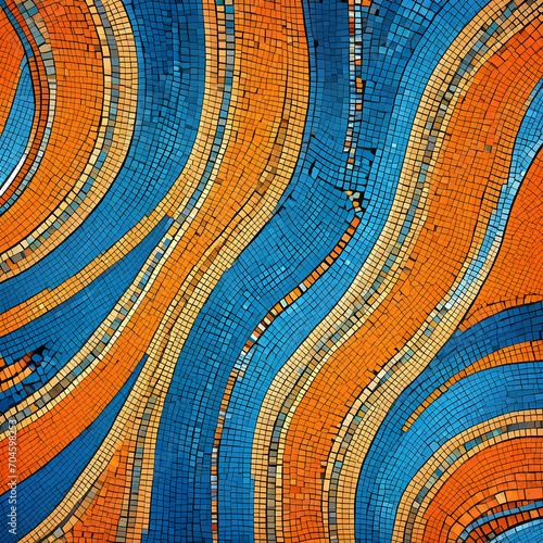 An abstract background featuring an orange and blue background, in the style of mosaic-like forms -