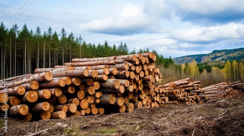 Pile of pine and spruce logs in the forest