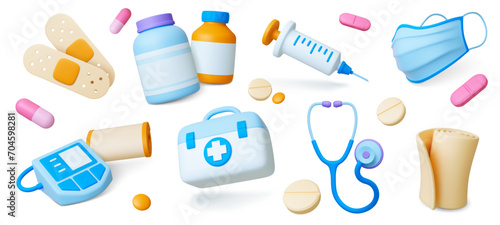 3d medical icons. Isolated hospital ambulance tools, pills and drugs. Plasticine medicine and pharmacy elements, pithy vector realistic set photo