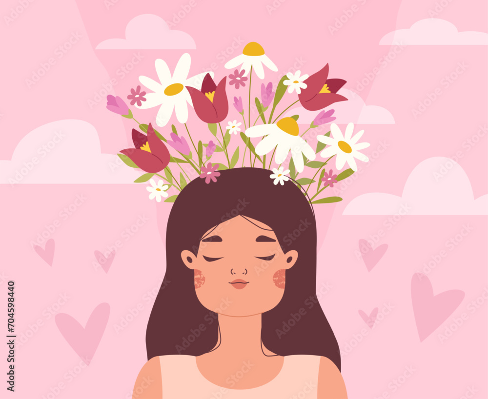 Female mental health. Young woman recovery brain or mind. Girl positive thinking, depression and sadness treatment. Keep calm snugly vector scene