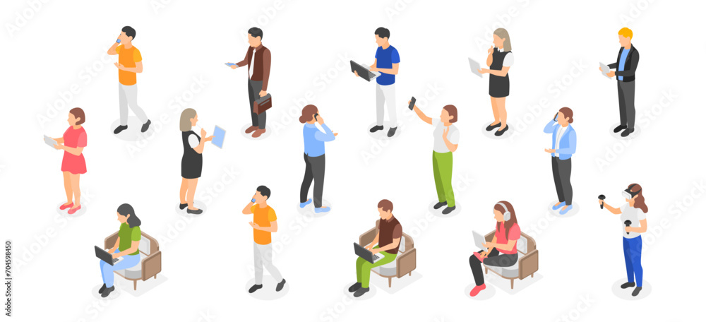 Isometric people with gadgets. Adults and teens using tablets, laptop, talk with smartphones and play vr glasses. Isolated casual flawless vector characters