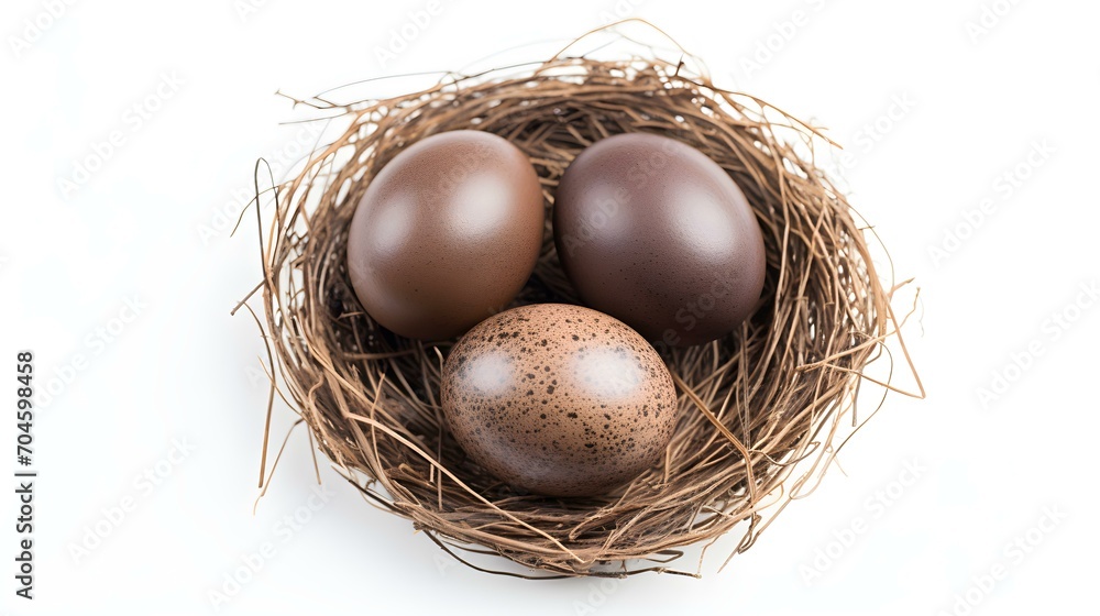 Top View of dark brown Eggs in a Nest on a white Background. Easter Template with Copy Space Top View of dark brown Eggs in a Nest on a white Background. Easter Template with Copy Space