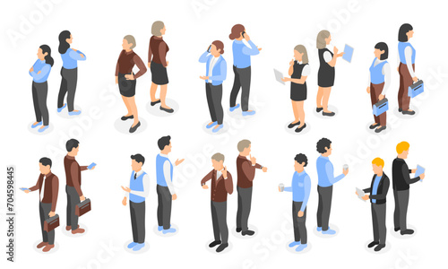 Isometric isolated office people. Business characters with gadgets, managers and administrator. Man talk and drink coffee, look on watch flawless vector set