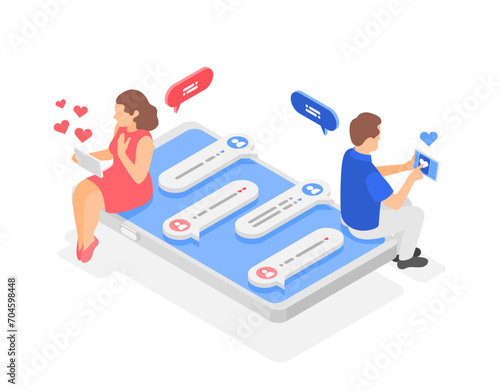 Isometric online dating. Man and woman using smartphone for romantic conversation. Modern digital communication, isolated flawless vector scene