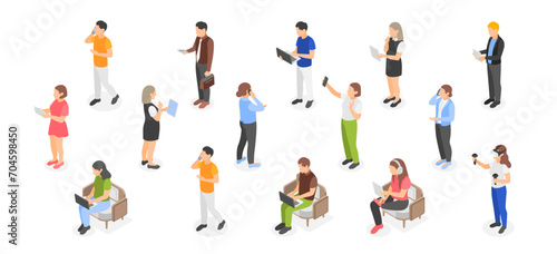 Isometric people with gadgets. Adults and teens using tablets, laptop, talk with smartphones and play vr glasses. Isolated casual flawless vector characters