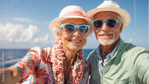 Portrait of happy elderly people hat on vacation at sea © tanya78