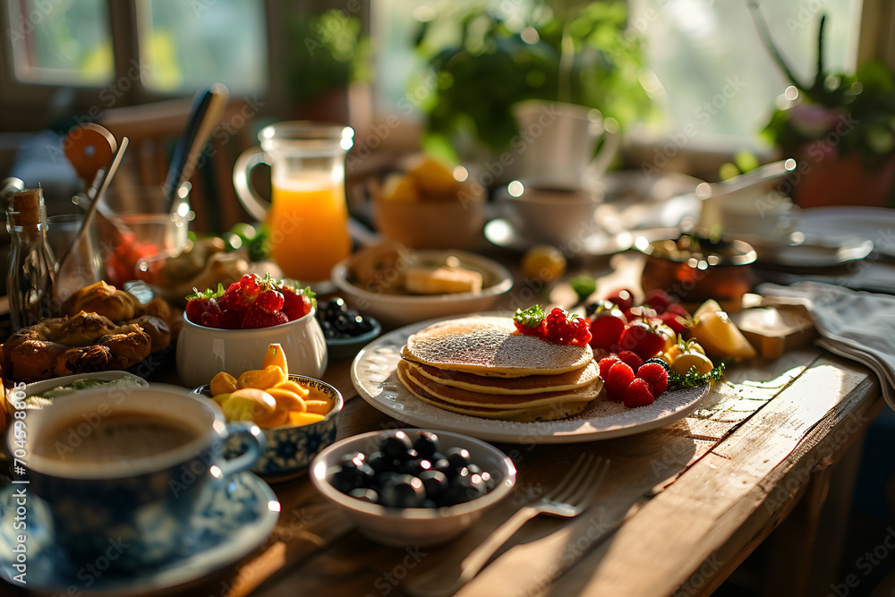 Breakfast foods of pancakes with strawberries raspberries blueberries