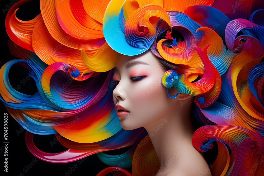 Fashionable  Asian girl portrait with rainbow color hair
