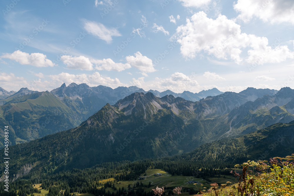 view from the mountain Fellhorn to the near valley and Fiderescharte at the Allgäu mountains.
