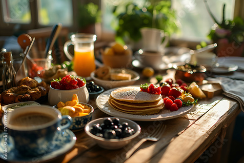 Breakfast foods of pancakes with strawberries raspberries blueberries