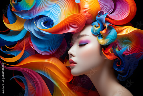 Fashionable Asian girl portrait with rainbow color hair