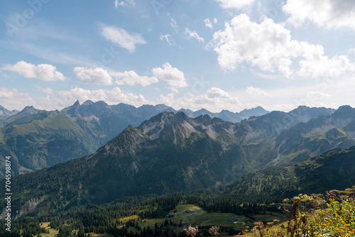 view from the mountain Fellhorn to the near valley and Fiderescharte at the Allgäu mountains.
