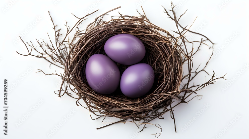 Top View of dark purple Eggs in a Nest on a white Background. Easter Template with Copy Space Top View of dark purple Eggs in a Nest on a white Background. Easter Template with Copy Space