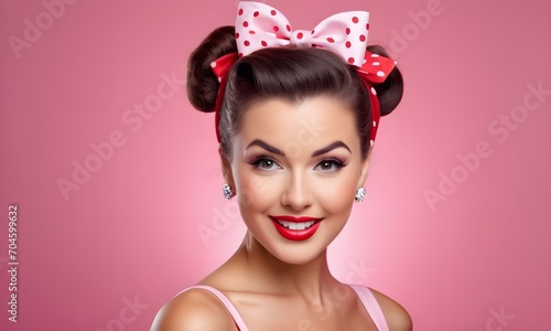 portrait of a beautiful pin-up girl, pink background