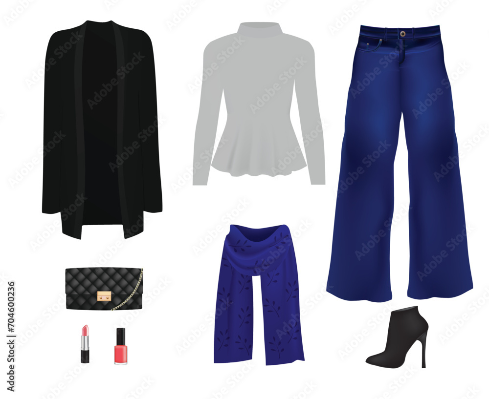 Women set. coat, sweater, pants, bag and boots. vector illustration Women set. coat, sweater, pants, bag and boots. vector illustration