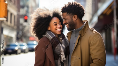 happiness of an African American couple hugging on the street on a sunny day—a heartwarming image representing love, joy, and the positive vibes of a spring romance,