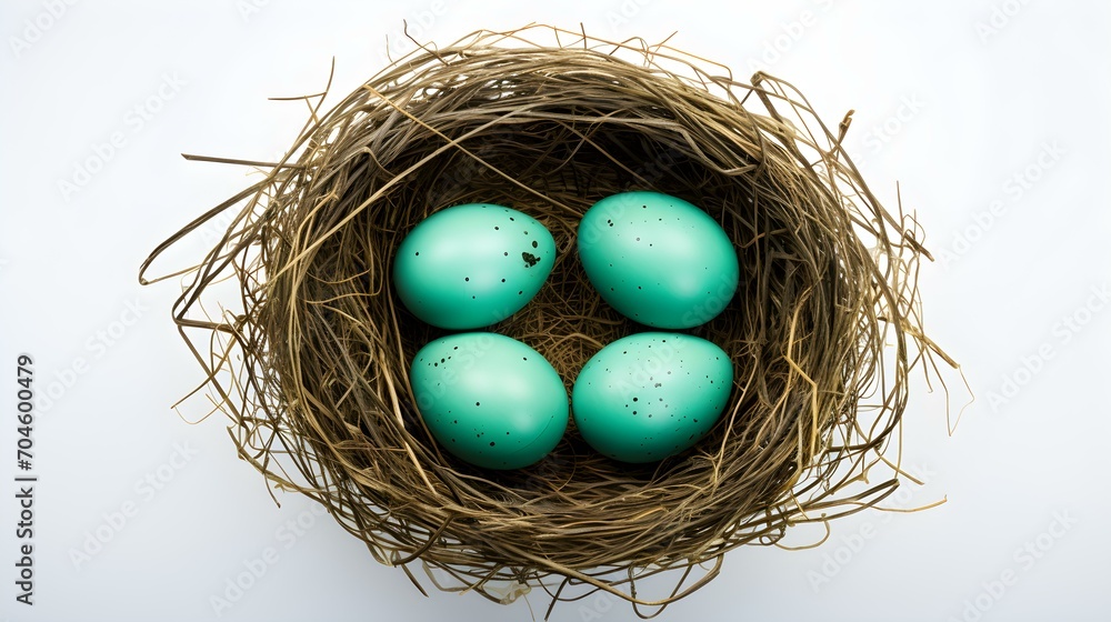 Top View of emerald Eggs in a Nest on a white Background. Easter Template with Copy Space Top View of emerald Eggs in a Nest on a white Background. Easter Template with Copy Space