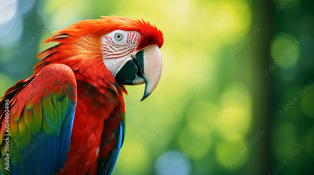 Colorful of Amazon red macaw parrot against jungle. AI Generative. Colorful of Amazon red macaw parrot against jungle. AI Generative.