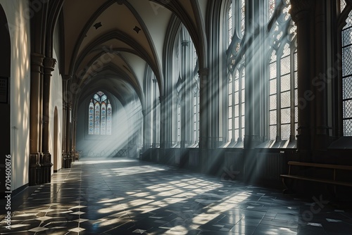 Gothic Church Cathedral Hallway with Sunrays and Soft Light  beautiful Patterns and Windows leaded glass  cold blue colors