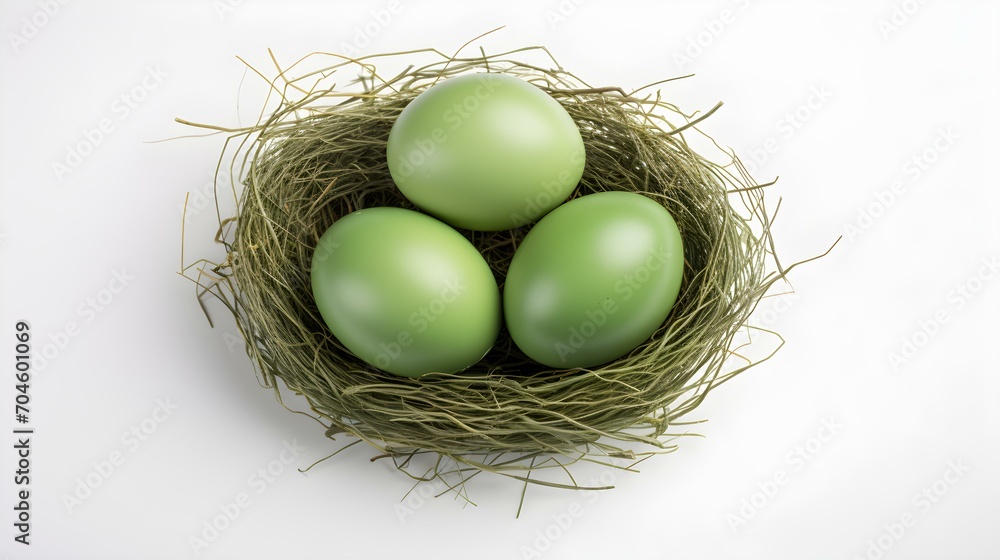 Top View of green Eggs in a Nest on a white Background. Easter Template with Copy Space Top View of green Eggs in a Nest on a white Background. Easter Template with Copy Space