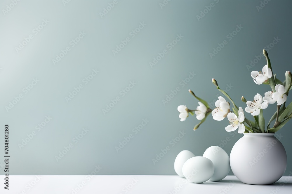 White eggs and spring flowers in a vase on a gray background. Happy Easter. place for the text - obrazy, fototapety, plakaty 