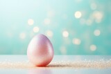 A mother-of-pearl pink Easter egg on a blue boken background with a space for copying. happy Easter